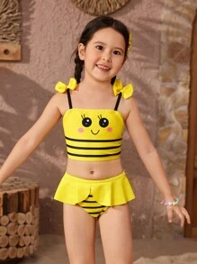 年轻女孩拼色条纹卡通印花比基尼套装海滩度假夏日海滩 - 黃色 - 查看 5