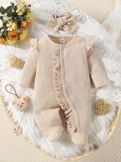 SHEIN 嬰兒女寶寶純色圓領休閒簡約睡衣，帶荷葉邊