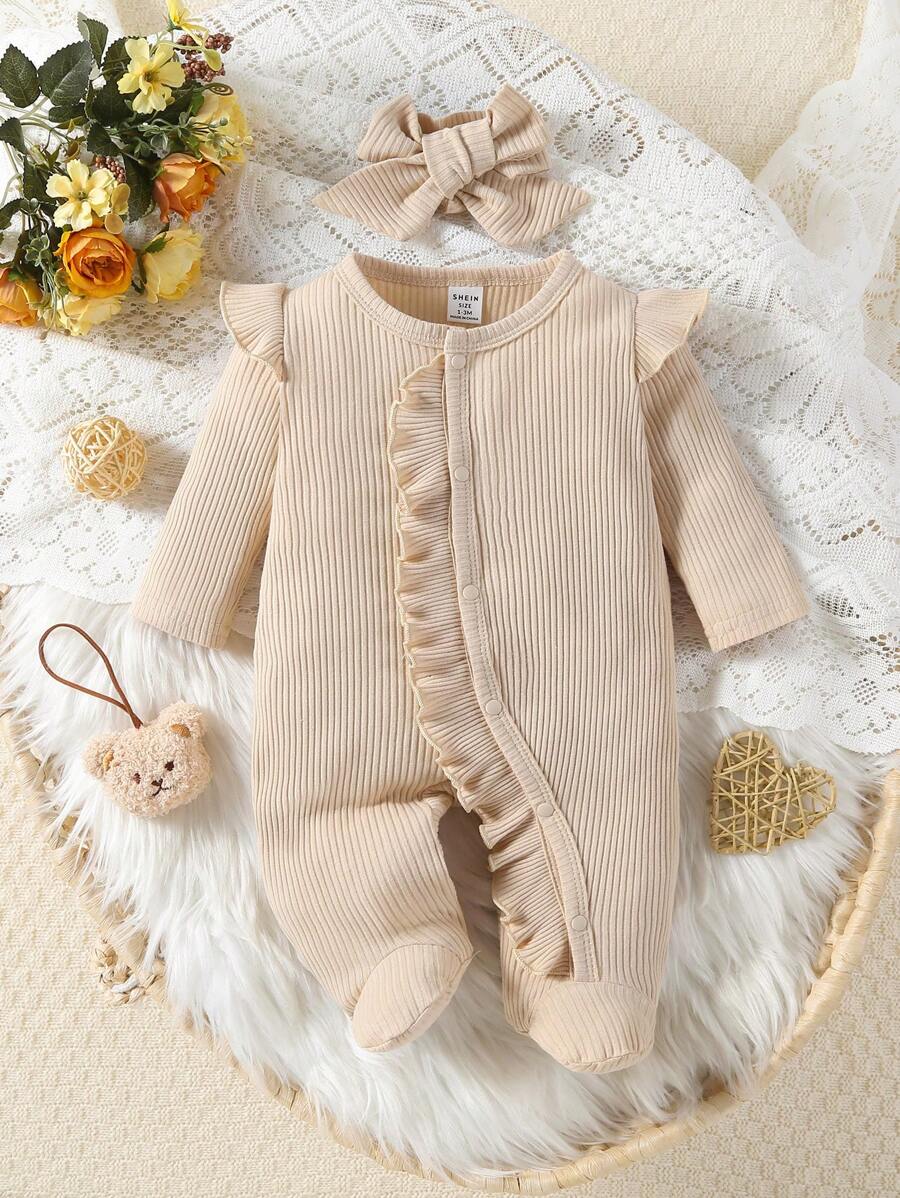 SHEIN 嬰兒女寶寶純色圓領休閒簡約睡衣，帶荷葉邊