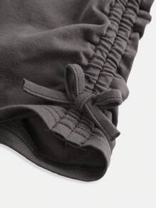 SHEIN Girlism Tween Girl Knitted Solid Color Round Neck Casual Short Sleeve T-Shirt - Dark Grey - View 5