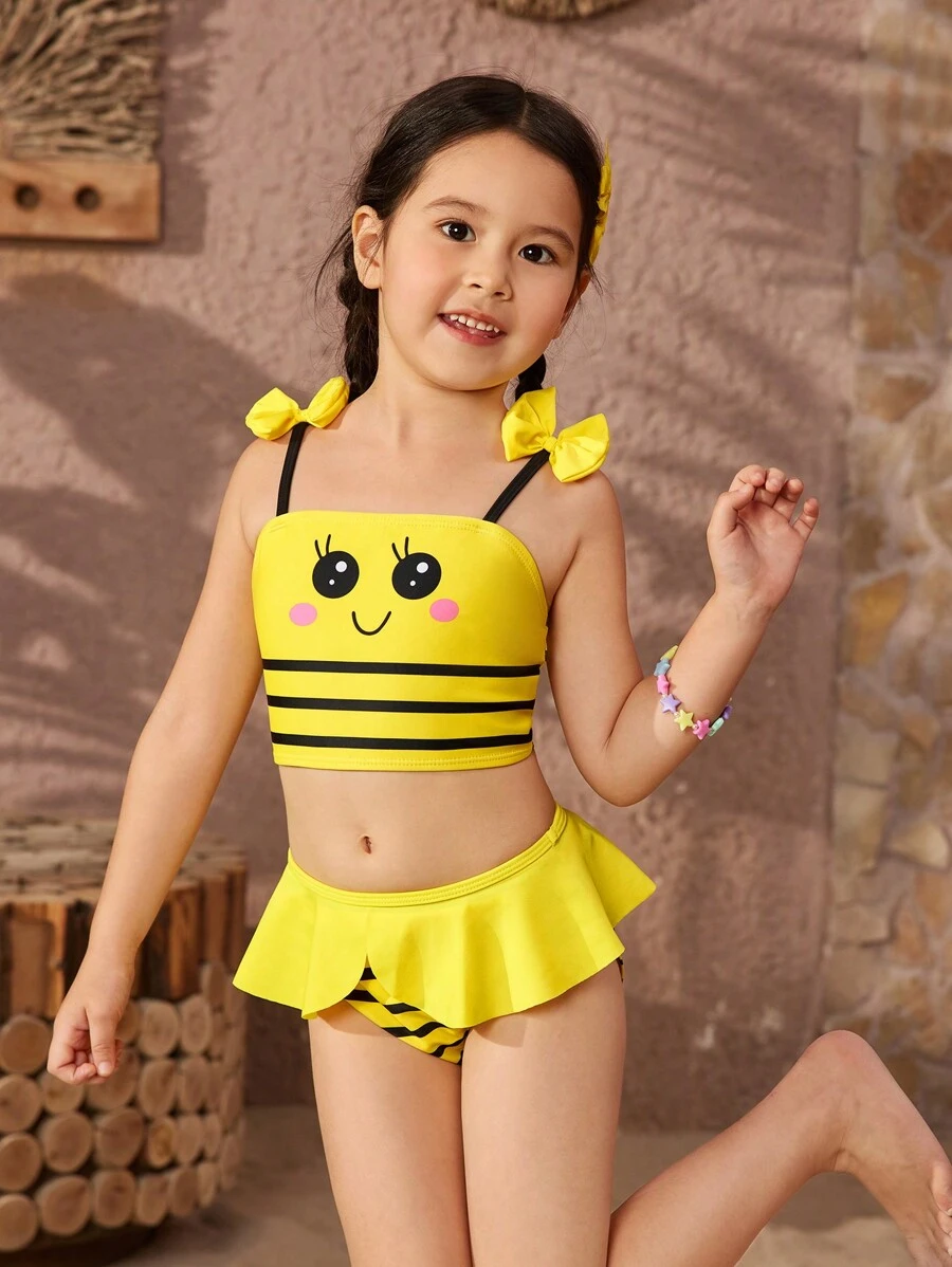 年轻女孩拼色条纹卡通印花比基尼套装海滩度假夏日海滩 - 黃色 - 查看 1