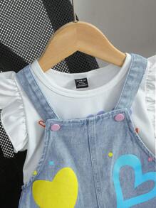 SHEIN Conjunto de falda de tirantes en denim estampado de moda para niña - Multicolor - Ver 5