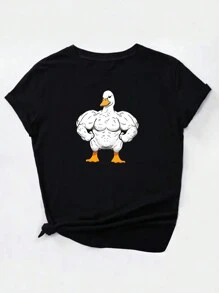 INAWLY 时尚鸭子印花短袖圆领女式 T 恤，适合春夏季休闲和运动活动图案 T 恤女式上衣 - 黑色 - 查看 3