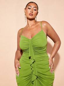SHEIN BAE Vestido ajustado con detalles fruncidos y volantes frontales elegantes, de talla grande y longitud larga para mujeres, vestido de cumpleaños para mujeres