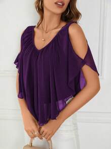 SHEIN Clasi Camiseta de mujer de verano con hombros descubiertos y dobladillo asimétrico con ribete de volantes en unicolor - Morado - Ver 6