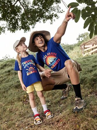 Manfinity 1pc Men's Fashionable Sun Pattern Letter Slogan Printed Camping Style Cotton Short Sleeve T-Shirt