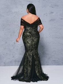 seomiscky Plus Size Mesh Splice Bodycon Off Shoulder Women's Party Dress (Heavy Style) - Black - View 2
