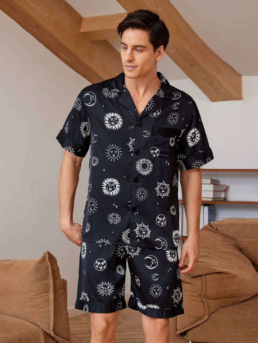 男士短袖單排釦睡衣和短褲套裝，夏季家居服 - 黑色 - 查看 1