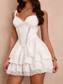 SHEIN BAE Summer White Sexy Sweetheart Neck Multiple Layers Lace Trimmed Women Skater Dress With Ruffle Hem