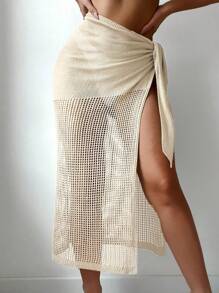 SHEIN Swim Women's Solid Color Lace Up Casual Vacation Cover Up With High Slits Summer