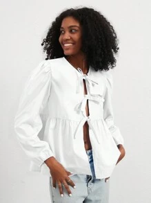 Camicia casual da donna con colletto rotondo, fiocco, orlo arricciato e maniche a sbuffo, in colori solidi misti