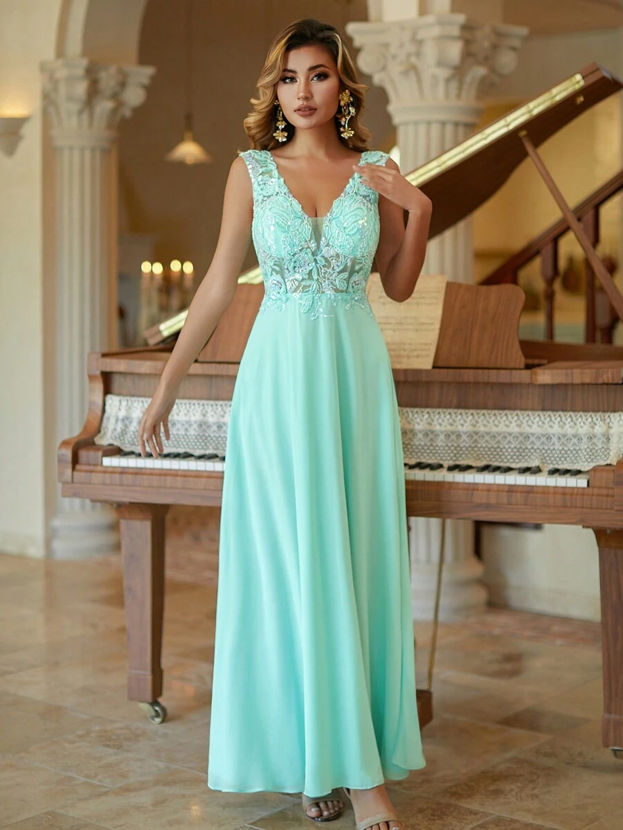 Vestido de noche de gasa para mujer con aplicaciones de encaje y escote en V profundo - verde menta - Ver 1