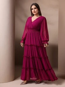 大码女式纯色褶皱连衣裙，饰有荷叶边，收腰设计，优雅长袖，柔软绒球装饰，适合日常、度假、旅行等多种场合。 - 玫紅色 - 查看 4