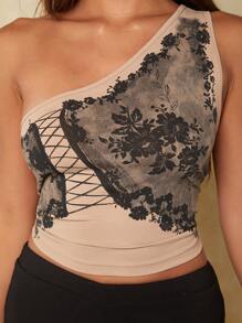 Forever 21 Ladies' Apricot-Colored Lace-Up Printed Top - Apricot - View 1