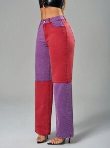 SHEIN SXY Women's Loose Fit Casual Jeans With Contrast Color Pockets, Straight Leg - Multicolor - View 3