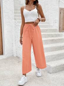 SHEIN Frenchy Summer Elegant 2pcs White Hollow Out Embroidered Camisole Top And Orange Knotted Long Pants Set - Coral Orange - View 3