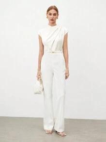 SHEIN BIZwear Camisa elegante de verano para mujer con cuello de soporte, mangas cortas plisadas y un unicolor