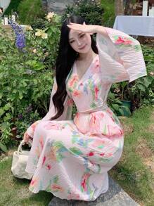 DAZY 女士印花长袖连衣裙，秋季度假装扮，复活节波西米亚风长裙 - 粉色 - 查看 4