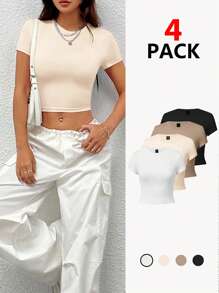 SHEIN PETITE Casual Round Neck Tight Short Sleeve T-Shirt For Women, Suitable For Summer - Apricot - View 10