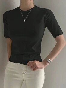 DAZY Women's Solid Color Fitted T-Shirt With Frill Trim Design Summer - Black - View 5