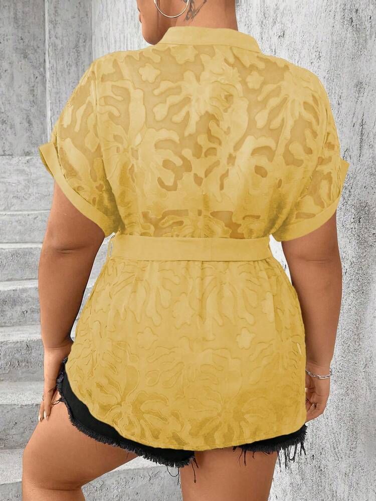 Plus Size Single-Breasted Batwing Sleeve Shirt With Waist Belt For Summer