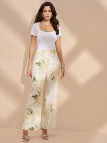 Anewsta Women's Random Plant Printed Simple Daily Long Pants - Apricot - View 3