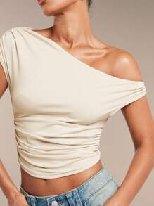 SHEIN BAE Women's Solid Color Ruched Asymmetric Oblique-Shoulder Top, Summer - Apricot - View 5