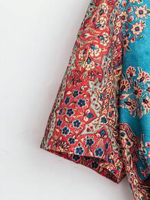 SHEIN LUNE Plus Size Retro Printed V-Neck Casual Short Sleeve Shirt For Spring And Summer - Blue - View 5