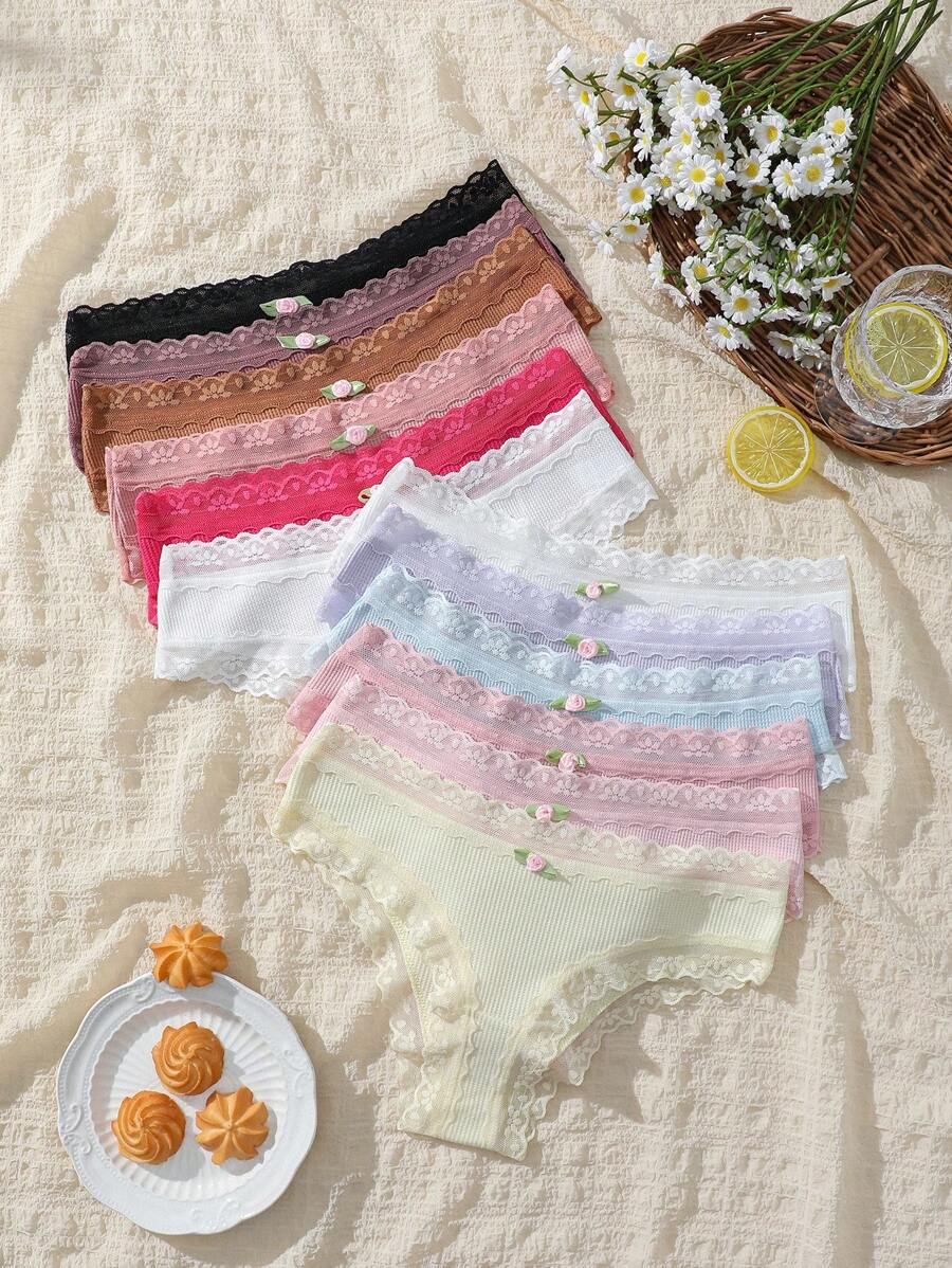 Calzones de tanga simples de encaje con diseño diario combinable para mujer - Multicolor - Ver 1