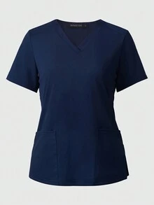 HOMEYEE Áo thun đồng phục y tá chăm sóc bệnh viện hàng ngày cổ chữ V tay ngắn - Màu xanh hải quân - Xem 3