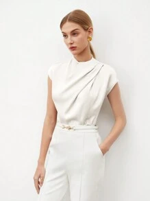 SHEIN BIZwear Camisa elegante de verano para mujer con cuello de soporte, mangas cortas plisadas y un unicolor
