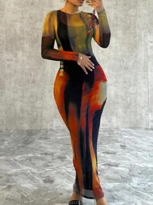 INAWLY Đầm bodycon dài tay màu tương phản cổ đứng dành cho nữ - Nhiều màu - Xem 1