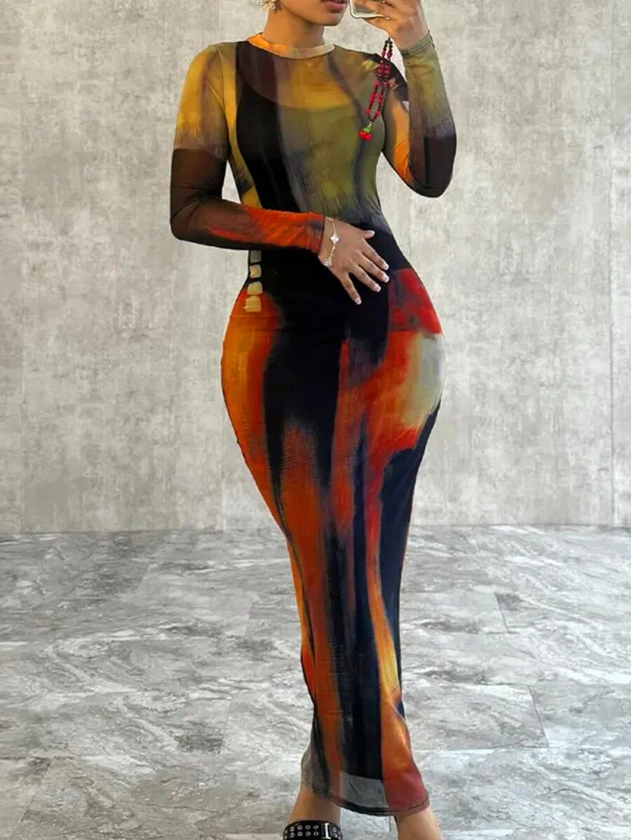 INAWLY Đầm bodycon dài tay màu tương phản cổ đứng dành cho nữ - Nhiều màu - Xem 1