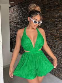 SHEIN SXY 女士純色綁頸背帶連體褲，適合度假和休閒穿著，性感夏日沙灘度假波西米亞女裝，彩虹服飾西部裝備生日派對單身派對音樂會俱樂部 - 綠色 - 查看 4