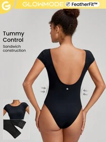 GLOWMODE FeatherFit™ U-Back Thong Bodysuit Light Support Yoga Studio Gym Daily - Black - View 1