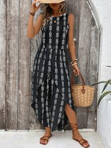 Breezaya Women's Round Neck Sleeveless Printed Vest And Vacation Style Printed Pants Set (Random Cut Print) - Black - View 1