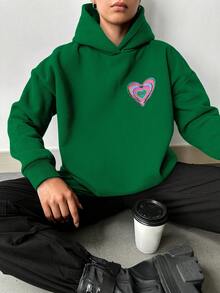 EURMUSE Heart And Letter Print Drop Shoulder Hoodie - Dark Green - View 2