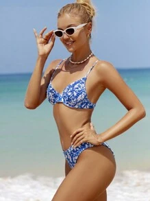 SHEIN Swim Women's Holiday Plant Printed Shirred Sexy Bikini Set Summer