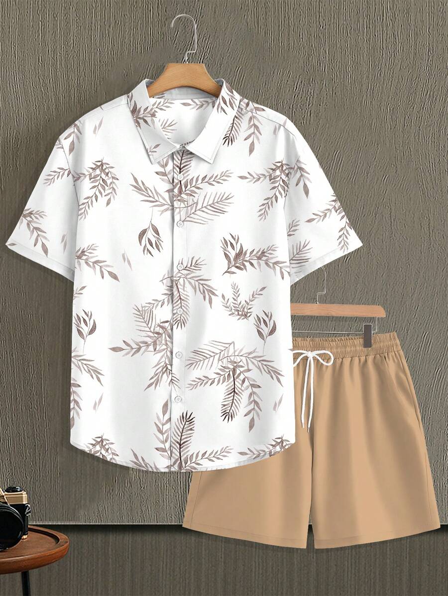 Manfinity RSRT Men's Plus Size Beach Vacation Tropical Leaf Print Short Sleeve Shirt And Solid Color Shorts Set, Summer - Multicolor - View 1
