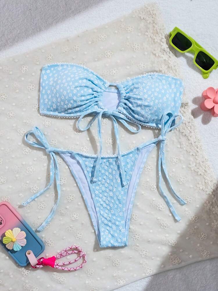 Women's Summer Beach Ditsy Floral Bandeau Tie-Side Bikini Set