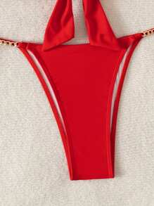 2pcs Women's Vacation Beach Chain Decor Swimwear Set With Underwire Summer