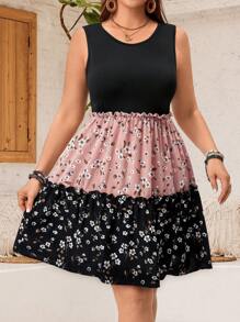 EMERY ROSE Summer Round Neck Floral Patchwork Sleeveless Lace Vacation Style Plus Size Dress - Multicolor - View 3