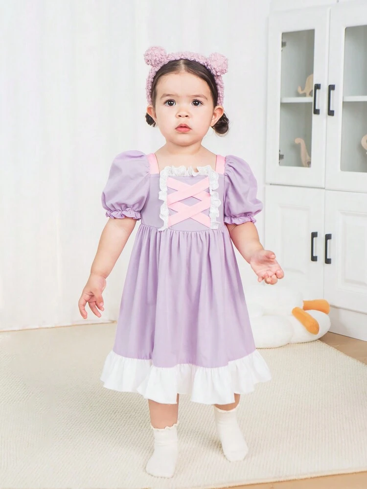 Baby Girl Summer Cute Princess Style Square Neck Puff Sleeve Colorblock Dress With Ruffle Decoration
