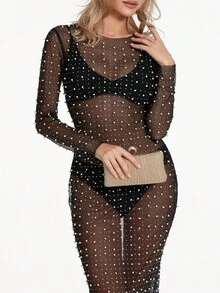 Summer Sexy Pearl & Rhinestone Decoration See-Through Mesh Backless Split Dress