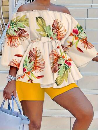 P390499 Sexy Open Shoulder Fashionable Casual Printed Shorts Set