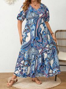 Mulvari Plus size cổ chữ V in hình kỳ nghỉ thông thường Váy ngắn tay Ruffle Hem - Màu xanh lam - Xem 4