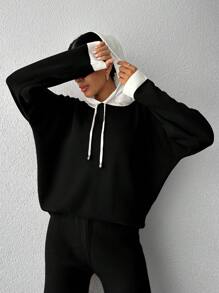 EURMUSE Women's Color Block Hooded Sweater 2-Piece Set - Black - View 4