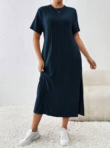 SHEIN Essnce Vestito Maglietta a righe casual taglia più donna, manica corta, con spacchi, primavera/estate