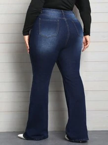 SHEIN CURVE+ Denim ukuran plus Tombol Kantong Zip Plain - Dark Wash - View 5