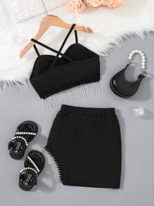 SHEIN Tween Girls' Rhinestone Tassel Tank Top And Split Skirt Outfit - Black - View 2